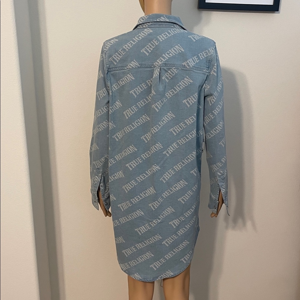 NWT True Religion Denim Logo Blue Shirt Dress - Picture 2 of 16